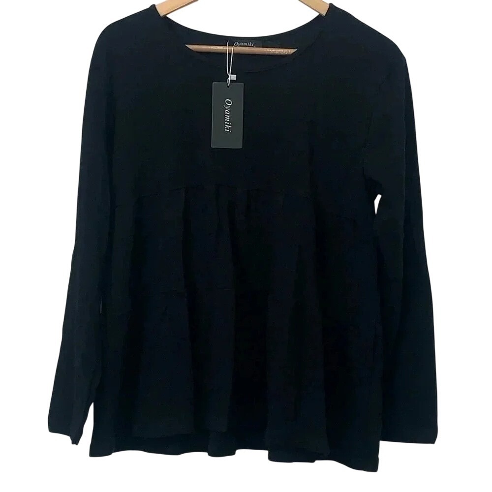 Oyamiki Womens Long Sleeve Babydoll Top Black Size S Empire Waist Tiered Blouse
